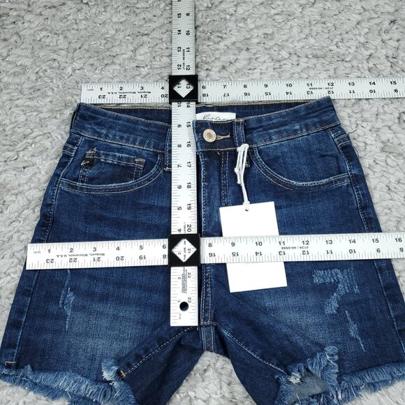 Kancan Dark Wash Blue High Rise Fray Hem Jean Denim Shorts Size 0 23 Stretch - Picture 4 of 6